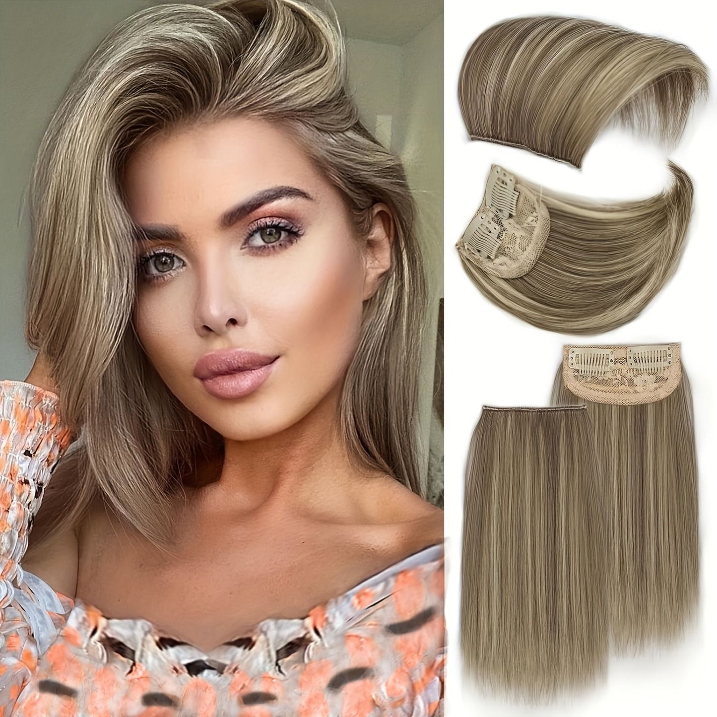 4 Pcs Perucas Femininas Sintéticas com Topo de Cabeça - Perucas Curtas e Grossas com Grampos Invisíveis - Extensão de Cabelo para Cabelo Ralo Adicionando Volume
