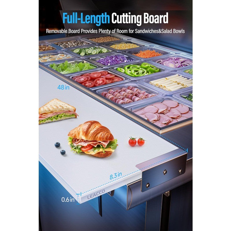 48" Refrigerated Prep Table, 18 Pan Commercial Salad & Sandwich Workstation with Storage