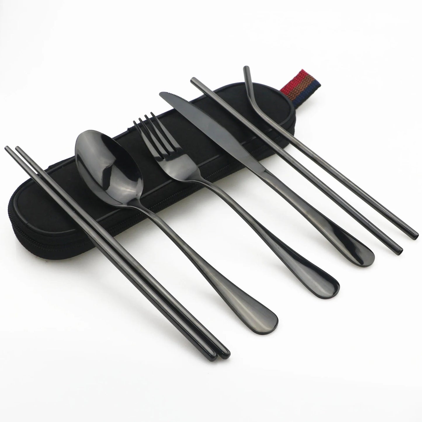Travel Hiking Portable Dinnerware Set with Pouch Reusable Stainless Steel Straw Cutlery Knife Spoon Fork Chopsticks Silverware