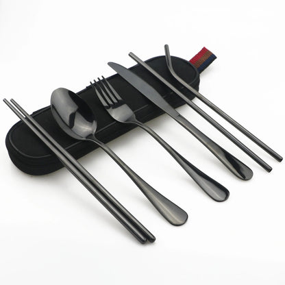 Travel Hiking Portable Dinnerware Set with Pouch Reusable Stainless Steel Straw Cutlery Knife Spoon Fork Chopsticks Silverware