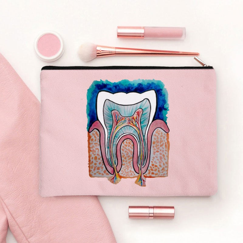 2024 Cute Teeth Cartoon White Zipper Makeup Bag Dental Clinic Storage Bag Women's Single Party Minimalist Decorative Handbag