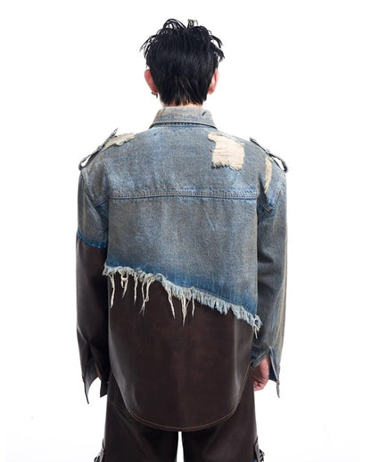 2024 American vintage do old piece-leather destruction denim jacket men fall dirty jacket