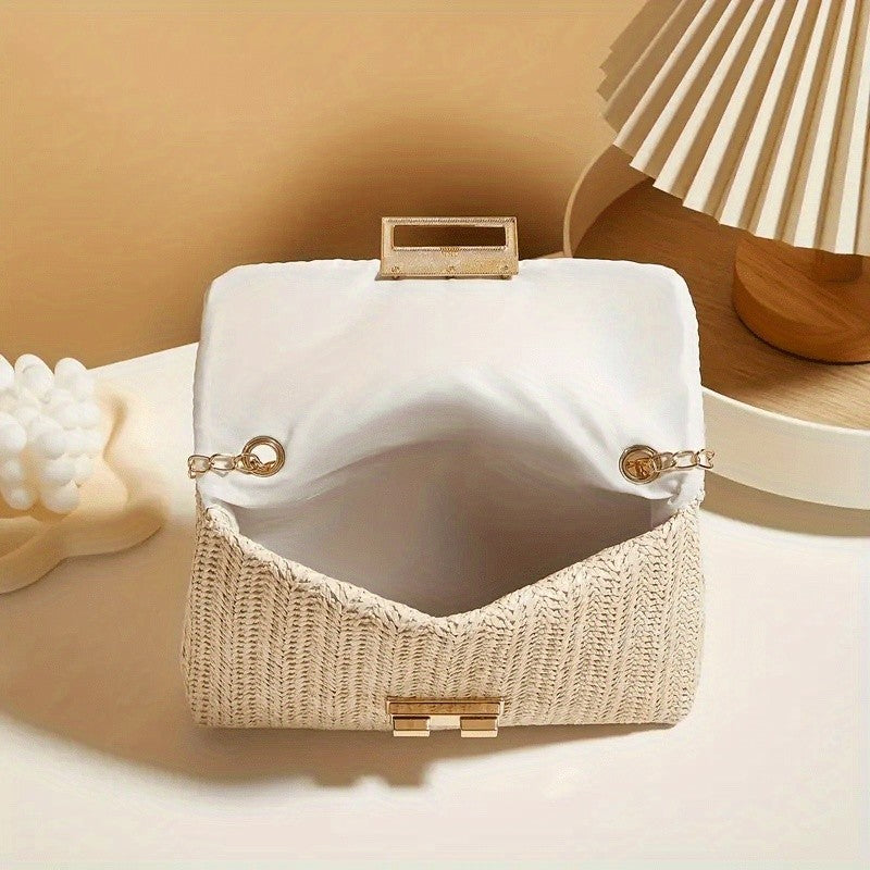 Women's Elegant Woven Straw Shoulder Bag, Multi-Functional Crossbody/Handbag with Polyester Lining Fashion Wallet Cute Small Bag