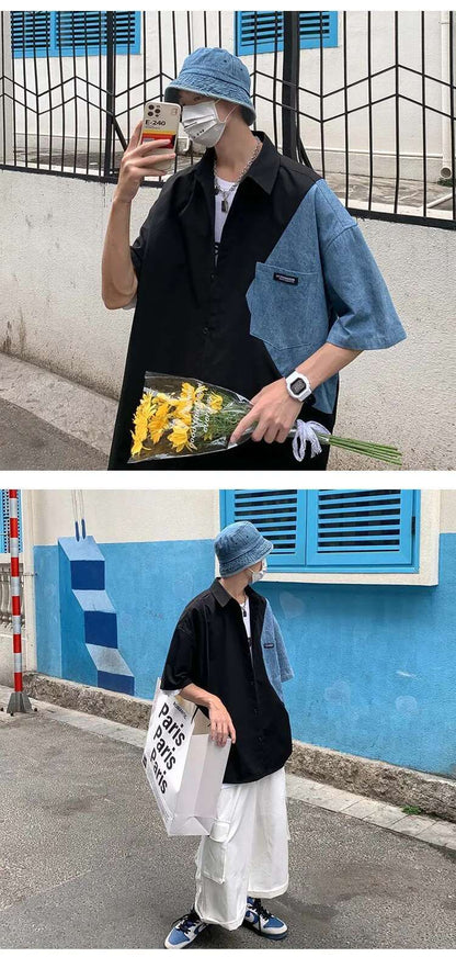 2025 Summer Streetwear Men Short Sleeve Irregular Patchwork Denim Shirt Male Tops Daily Casual Pocket Blouses Unisex Clothes