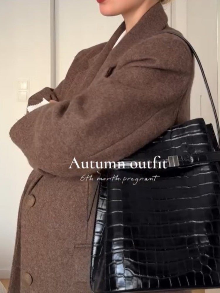 Women Shoulder Pad Wool Long Coats Fashion Lapel Single-breasted Long Sleeve Coat Chic 2025 Autumn Lady Commute Street Outerwear