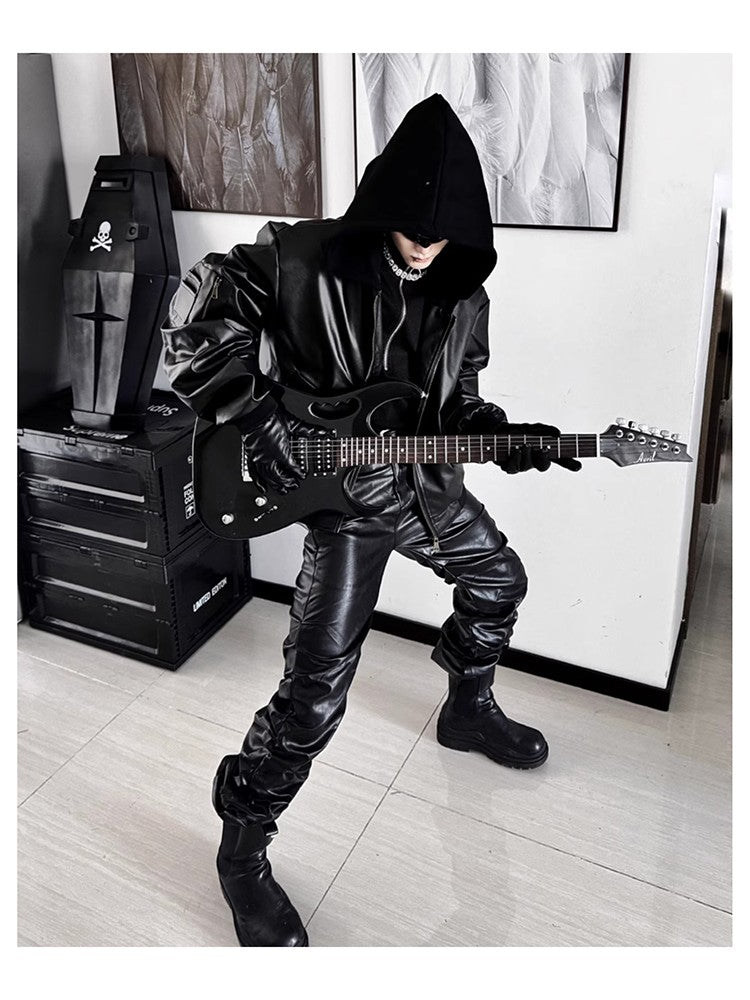 Mauroicardi Spring Autumn Cool Long Ruched Soft Black Pu Leather Stacked Pants for Men Luxury Designer Cyberpunk Rock Clothes