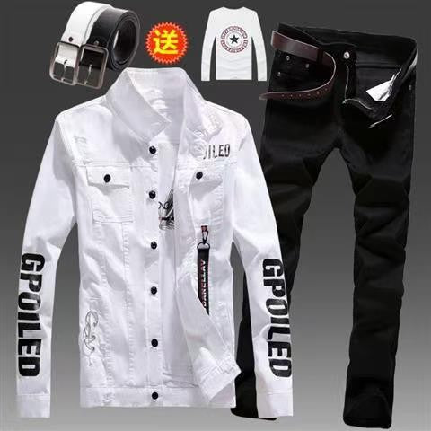 Men's Slim Fit Denim Jacket Pants 2pcs Set Long Sleeve Coats Letters Printed Casual Large Size Black White Red Boys Trousers