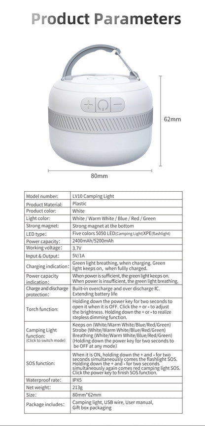 Lanterna de acampamento LED externa LV10 230 horas Recarregável com ímã Acessório de iluminação Luz de emergência portátil