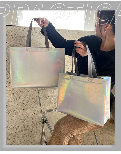 10Pcs Reusable Silver Laser Tote Bag Durable Non Woven Gift Shopping Bag for Wedding Bridesmaid Party Birthday Eco Friendly