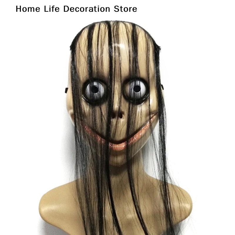 Halloween MO MO Mask With Long Hair Big Eyes Funny Mask Horror Ghost Party Costume Props V-shaped Mouth Mask Halloween Cosplay