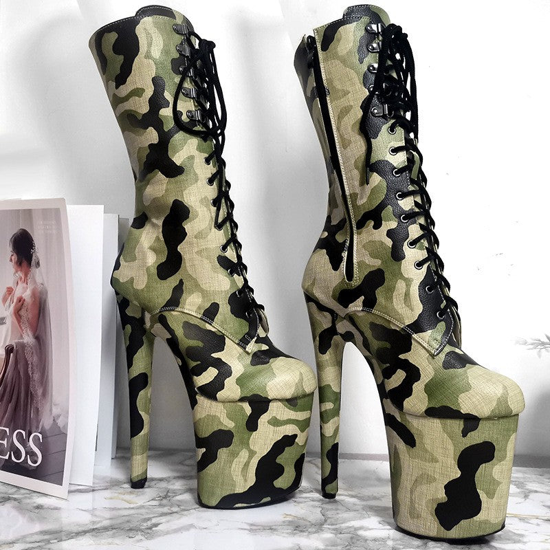 New 20CM/8Inch Platform Zip Boots Camouflage Lace-up Pole Dance High Heels Sexy Nightclub Model Shoes Women Boots Striptease