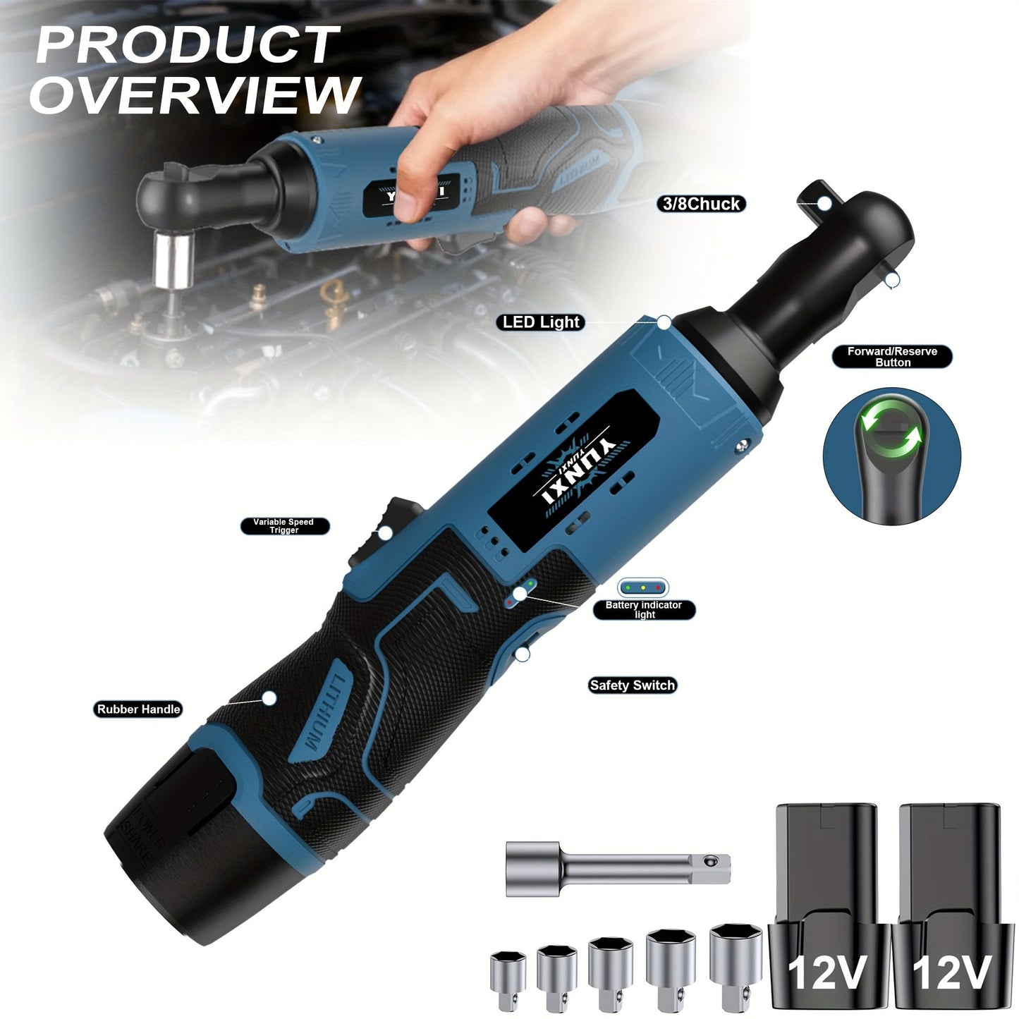 Conjunto de chave catraca elétrica sem fio, chave catraca elétrica sem escova, kit de catraca sem fio 12V, parafuso e porca para reparo automotivo