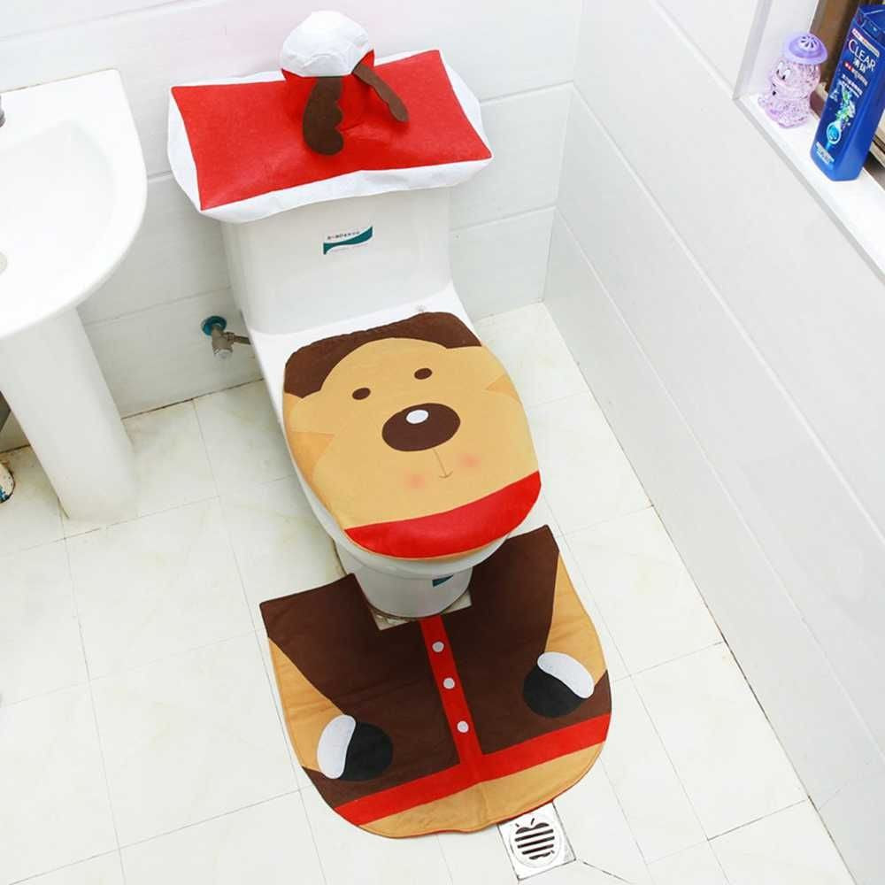 3 peças Tapetes de banho decorativos de Natal Decoração de Natal para banheiro Capa de assento de vaso sanitário de desenho animado Acessórios de banheiro