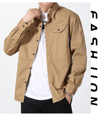 Men Slim Fit Turn-Down Collar Loose Cargo Shrit Spring Autumn Casual Wash Cotton Safari Style Jacket with Multiple Pockets Coat