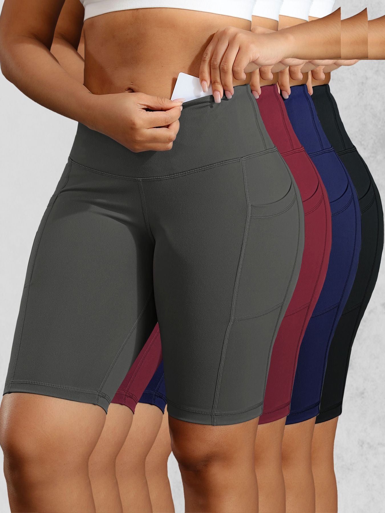 CHRLEISURE Women Solid Yoga Shorts with 3 Pockets High Waist Butt Lifting Workout Tights Gym Elastic Cycling Shorts Activewear