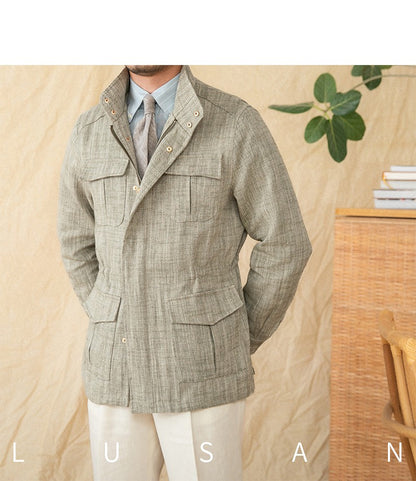 Cotton and Linen Vertical Collar Tight Waist M65 Hunting Jacket Retro All-match Spring and Summer Lightweight Casual Jacket