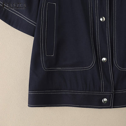 ZANZEA Women's Denim-Like Contrast-Stitch Shirts 2025 Fashion Turn-Down Collar Short Sleeve Button Up Shirt Streetwear Woman Top