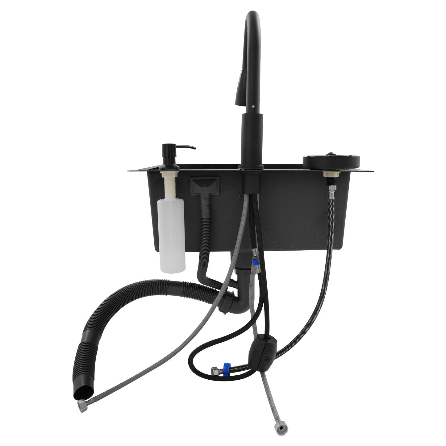 Kitchen Sink w/ Pull-Out Faucet & Drain Basket,  50*45cm Black Stainless Steel Single Bowl Sink Kit