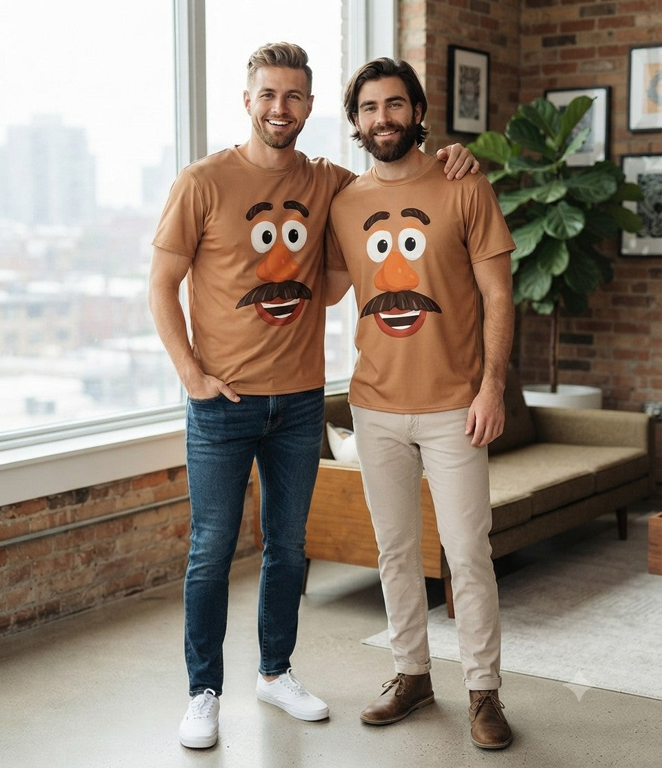 [You're My Secret] Mr. and Mrs. Potato Head Short Sleeve T-Shirt Funny Couple Cosplay Costume Halloween Party Outfit Brown Tops