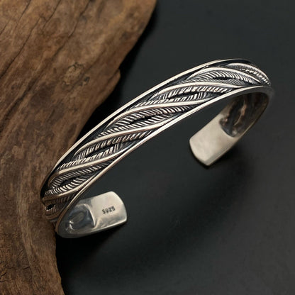 Pulseira Bracelete de Prata Esterlina 925 Pena Flor Dourada Vintage Punk Para Mulheres Homens Joias da Moda Presente Dropship Atacado