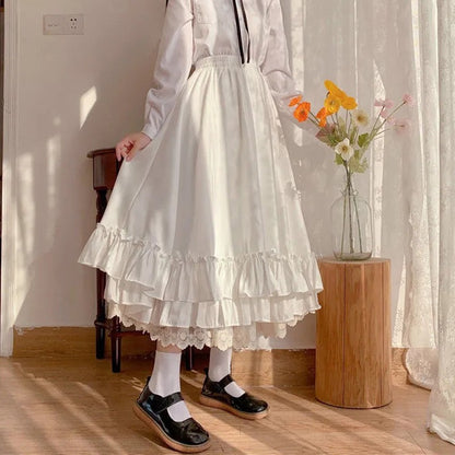 Fashion Sweet Midi Skirt Women Lace Patchwork Bow Preppy Fall Loose Casual Skirts Japanses Ruffle High Waist Solid Chic Skirt