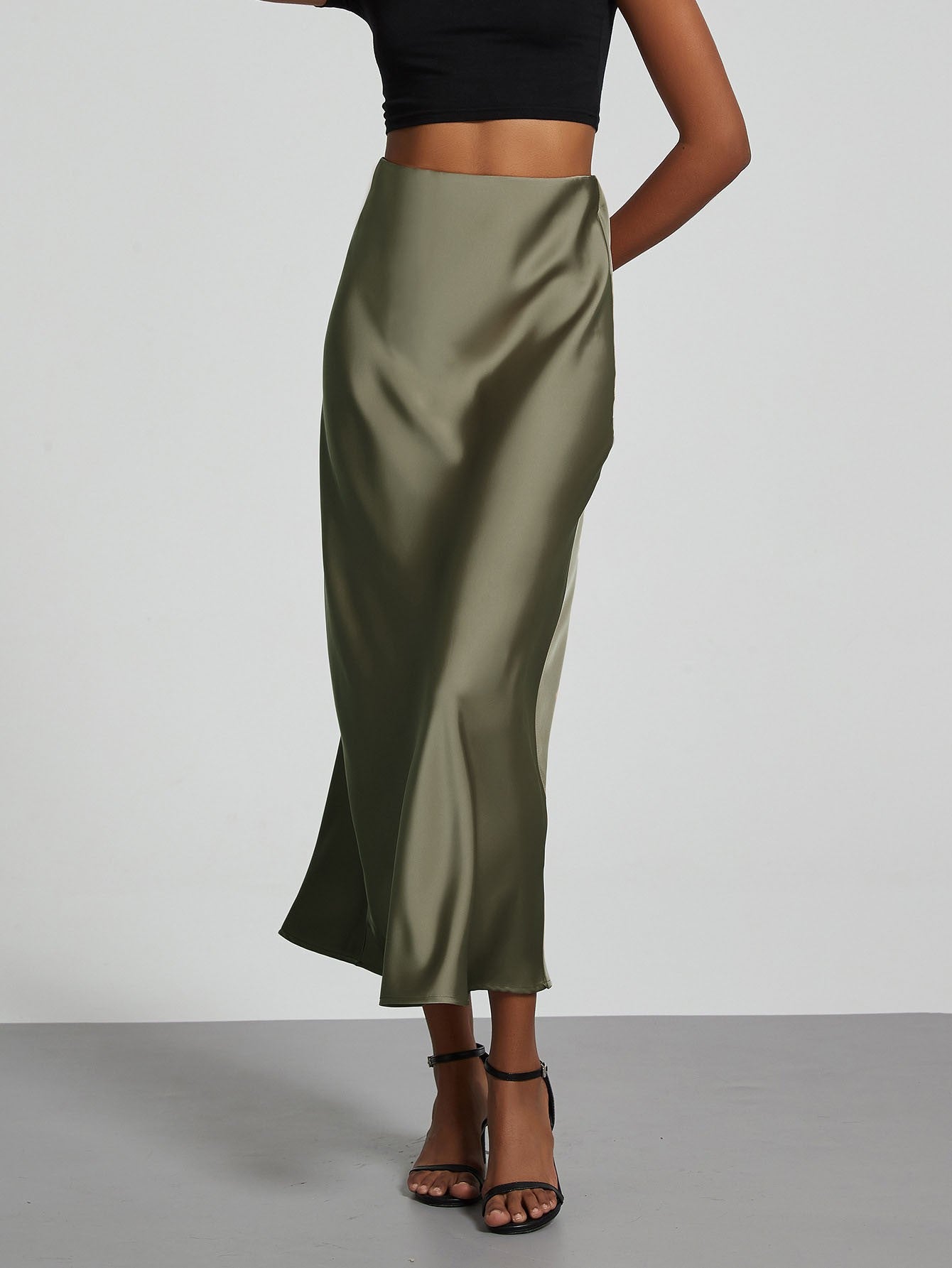 Fashion Satin Party Long Skirt High Waist Solid Color Casual Basic Women Skirts