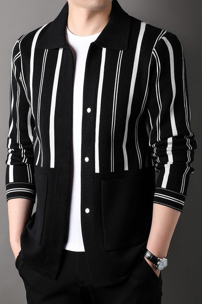 Knitted Cardigan Men's Minimalist Black and White Sweater Autumn and Winter New Slim Fit Sweater Youth Striped Jacket