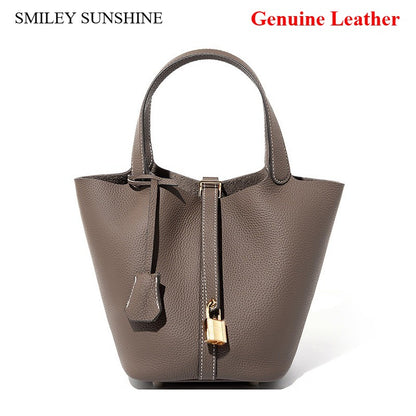 Genuine Leather Shoulder Bucket Bag Women Litchi Pattern Mini Basket Tote Soft Handbag Mommy Bride Wedding Bags with Lock