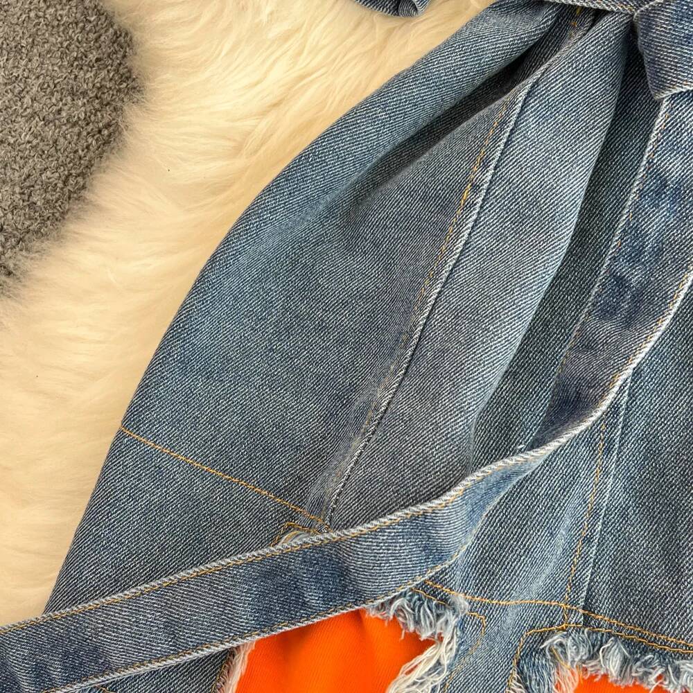 XFPV Women's Sweet high Waist Wrap Belt Round Neck patchwork Denim Shirt  Chic Top Y2k Korean Fashion Spring Summer 2025 SM11327