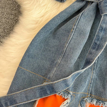 XFPV Women's Sweet high Waist Wrap Belt Round Neck patchwork Denim Shirt  Chic Top Y2k Korean Fashion Spring Summer 2025 SM11327