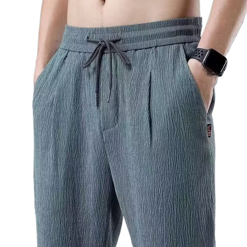 Summer Nine-minute Pants Ultra-thin Section Ice Silk Cool Trend Loose Cotton Linen Casual Pants Straight Linen Pants Men Summer