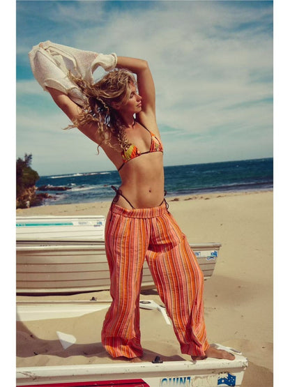 Fashion Printed Striped Wide-leg Long Pants Women's New Spring Autumn Loose Casual High-waisted Slimming Beach Long Pants Female