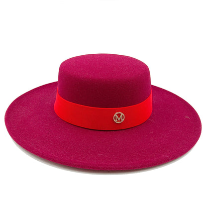 2022 new oversized edge flat top hat retro French felt hat outdoor sun hat women's big-brimmed fedora hat