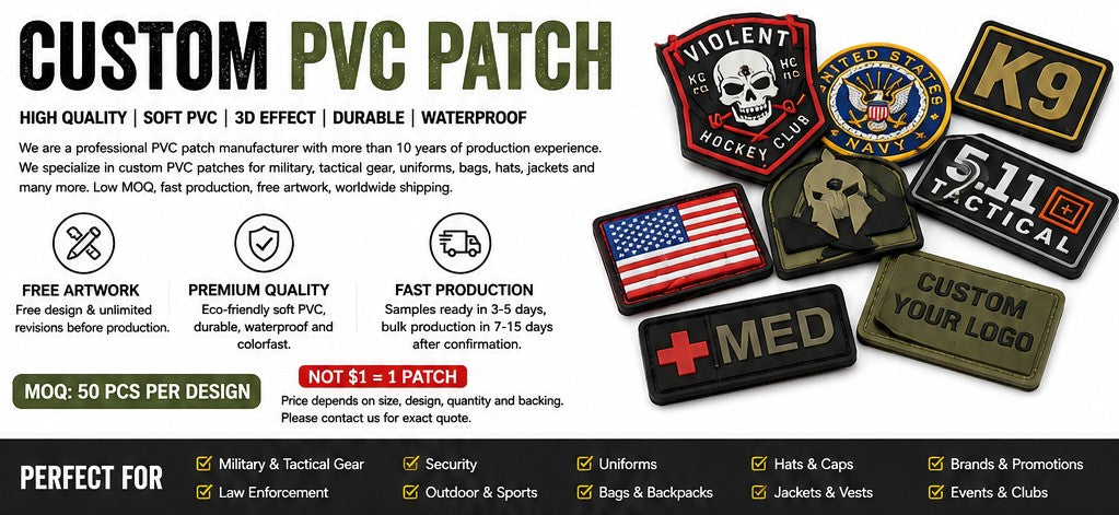 Wholesale Custom PVC Patch 3D Rubber Soft Badges Personalised Logo with Hook&Loop Backing Tactical Patches for Clothing Bags