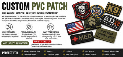 Wholesale Custom PVC Patch 3D Rubber Soft Badges Personalised Logo with Hook&Loop Backing Tactical Patches for Clothing Bags