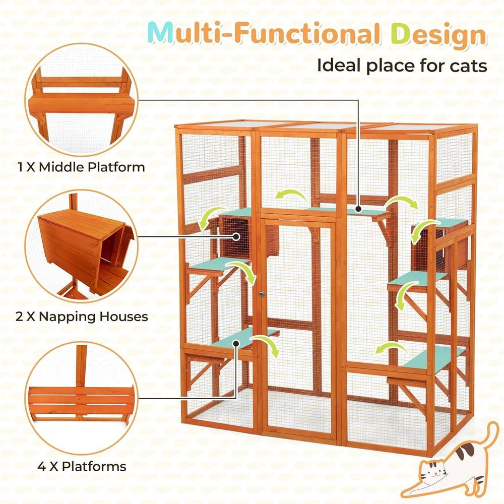 Orange Large Indoor Cat Condo with Perch, Play Area, 7 Platforms, 2 Boxes, Waterproof Roof, Safety Lock, 62.4L x 32.4W x 70H