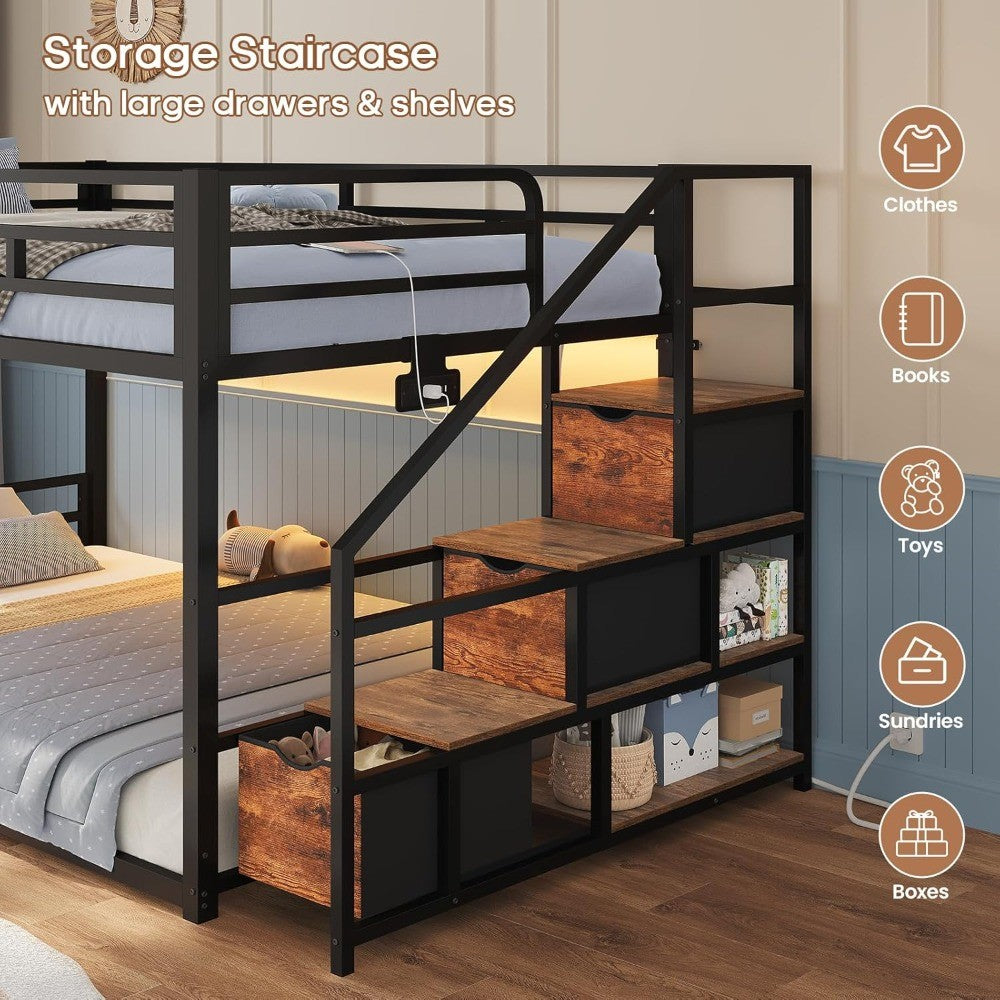 Low Bunk Bed Twin Over Twin with Storage Staircase, Drawers & Shelves, RGB LED Lights Metal Floor Bunk with Power Outlet