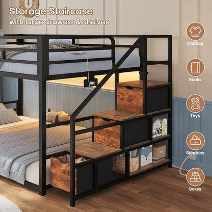 Low Bunk Bed Twin Over Twin with Storage Staircase, Drawers & Shelves, RGB LED Lights Metal Floor Bunk with Power Outlet