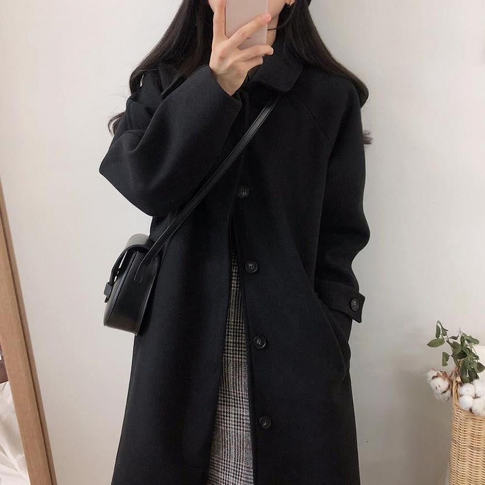 Japanese Style Women Woolen Coat Turn-down Collar Single-breasted Pockets Women Overcoat Front Placket Cardigan Thick Wool Coat