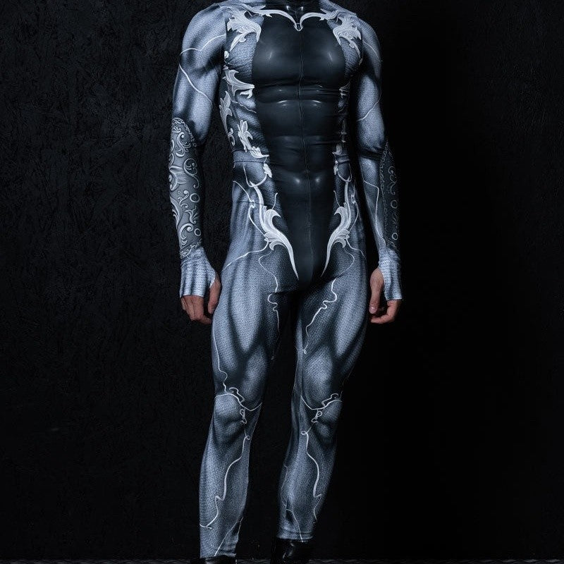 Zawaland Men Mechanical Muscle Punk Zentai Suit Carnival Cosplay Bodysuit Halloween Party Macho Costume Show Festival Jumpsuit