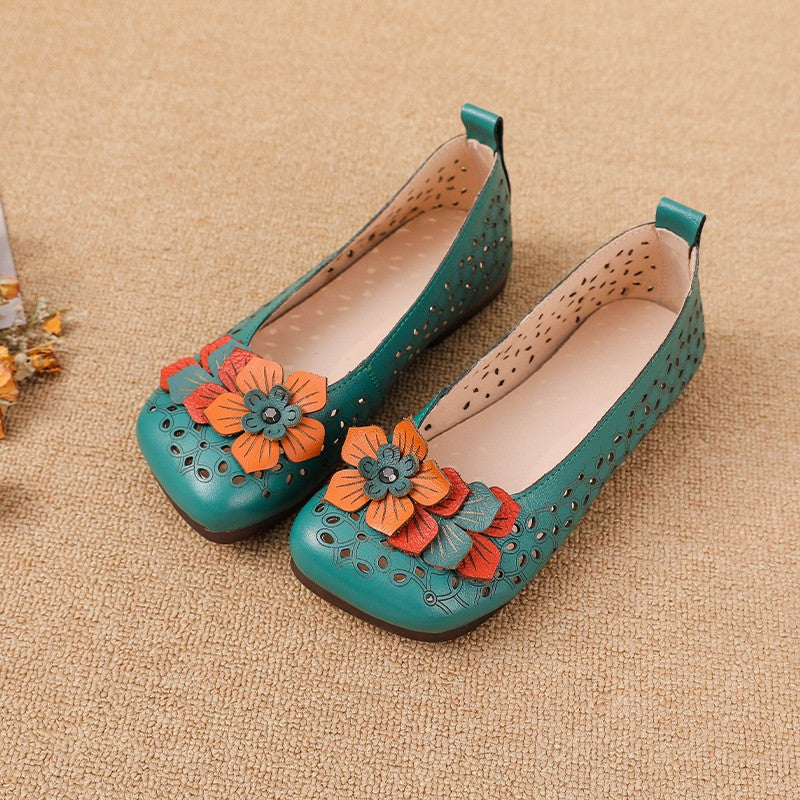 Vintage Plain Oxfords Shoes Women's Genuine Leather Flats Ladies Laced Up Moccasins Elderly Woman Square Toe Driving Loaferss