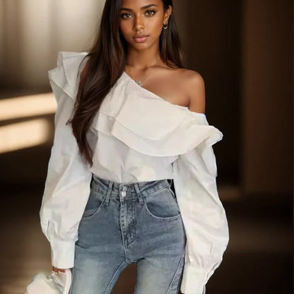 Vintage Ruffled Off Shoulder White Shirt for Women Fashion Long Sleeve Loose Elegant Blouse Women Slim Fit Casual Sexy Tops 8395