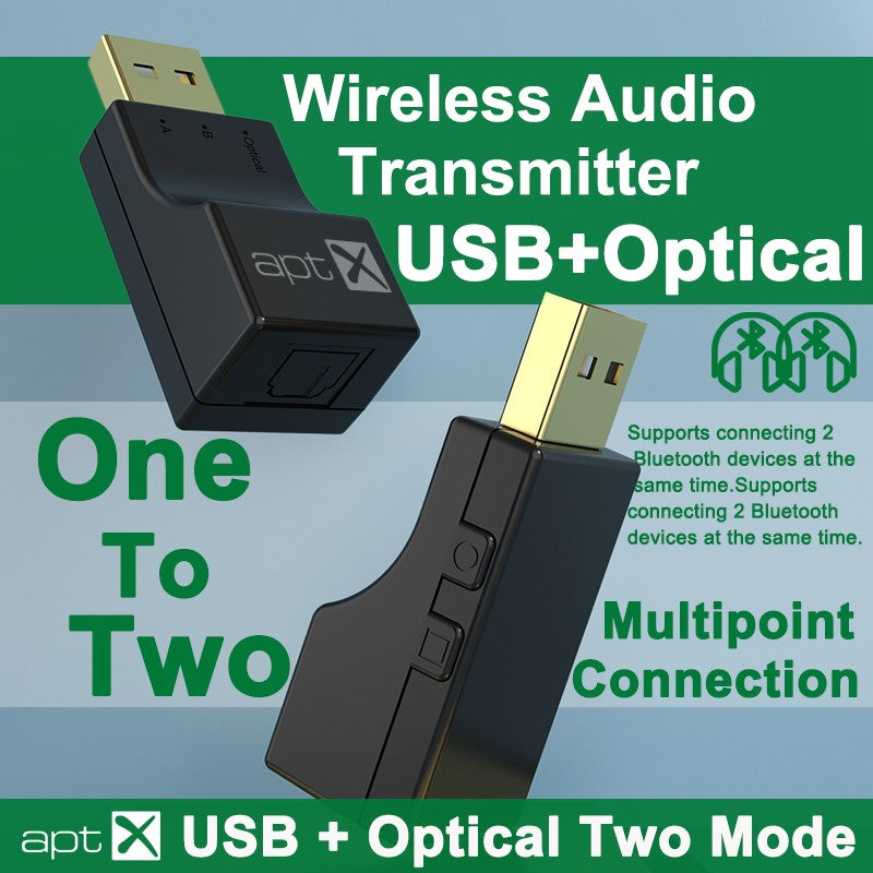 Transmissor de áudio sem fio Bluetooth óptico USB 2 em 1 Adaptador de transmissor de áudio de baixa latência para TV PC Adaptador de áudio sem fio USB