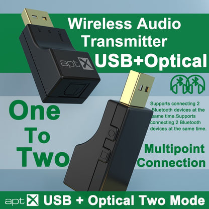 Transmissor de áudio sem fio Bluetooth óptico USB 2 em 1 Adaptador de transmissor de áudio de baixa latência para TV PC Adaptador de áudio sem fio USB