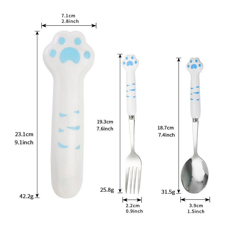 Conjunto de Talheres de Pata de Gato Fofa Garfo e Colher de Aço Inoxidável com Caixa de Armazenamento Louça Talheres Prata Acessórios para Almoço Bento