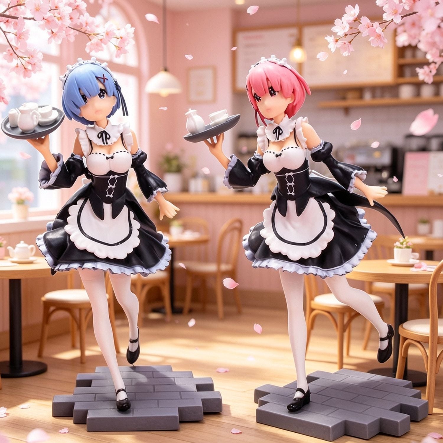 Re:Zero Rem & Ram Figure Set - Maid Costume with Tray, Standing Pose, Detailed Collectible Models for Collection & Display