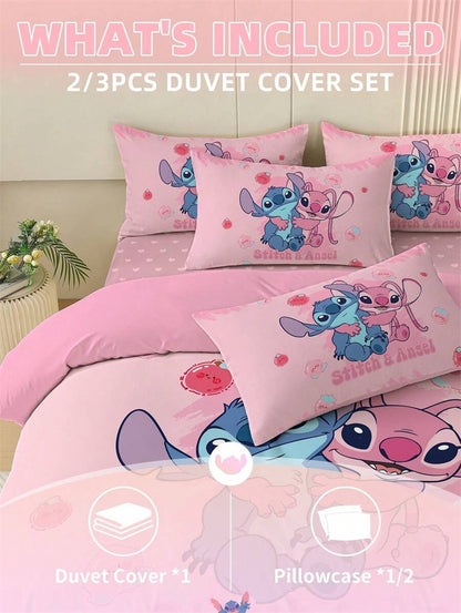 2/3pcs Stitch Duvet Cover Set Pink Bedding Skin-Friendly and Comfortable Cartoon Style Comforter Cover Set Decor