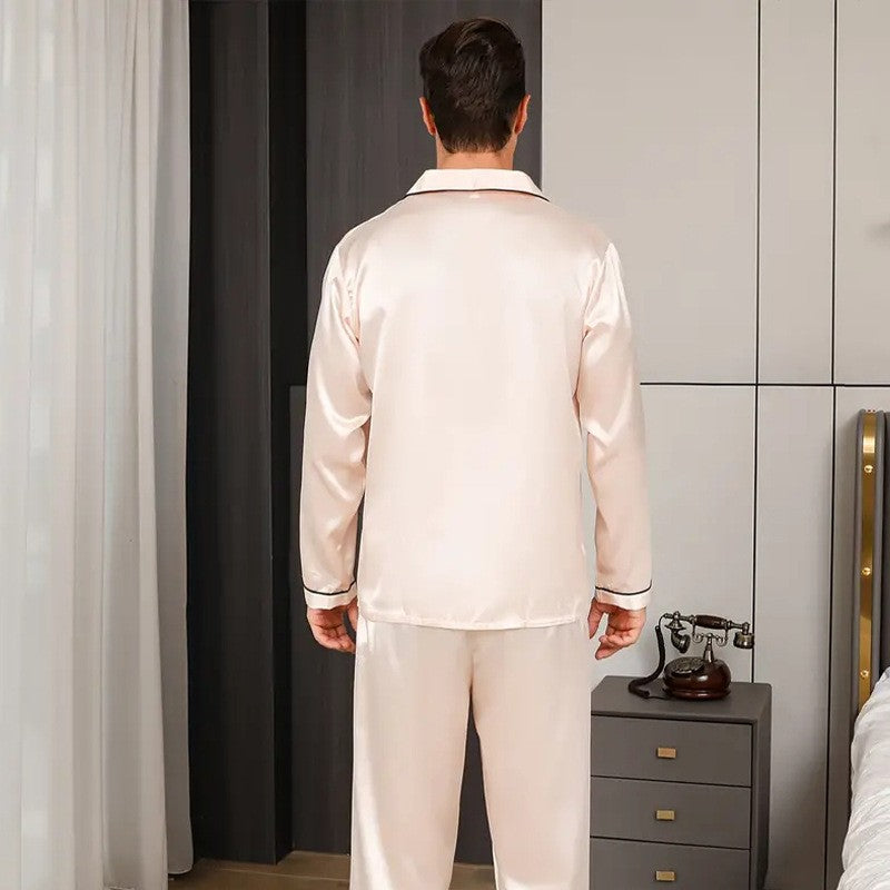 2PCS/Set Plus Size Solid Long-Sleeved Pyjamas Men Spring and Autumn Silk Sleepwear Homewear Cardigan Lapel Trousers Nightwear