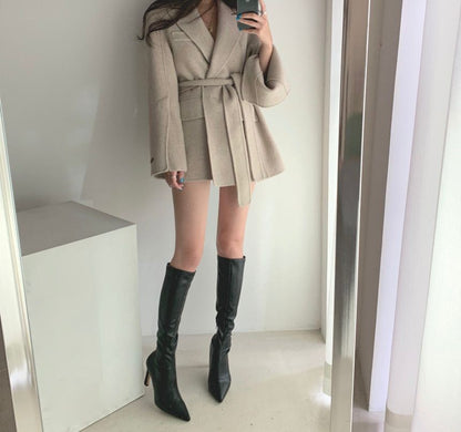 Retro Chic Autumn Winter Woolen Coat One Button Long Sve Suit Collar Waist Cinched Side Slit Warm Knitwear for Women