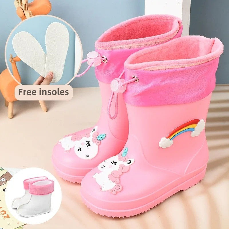 Children's Fleece-Lined Non-Slip Rain Boots For Boys And Girls Cartoon Cute Princess Style Anti-Slip Four Seasons Kids Shoes